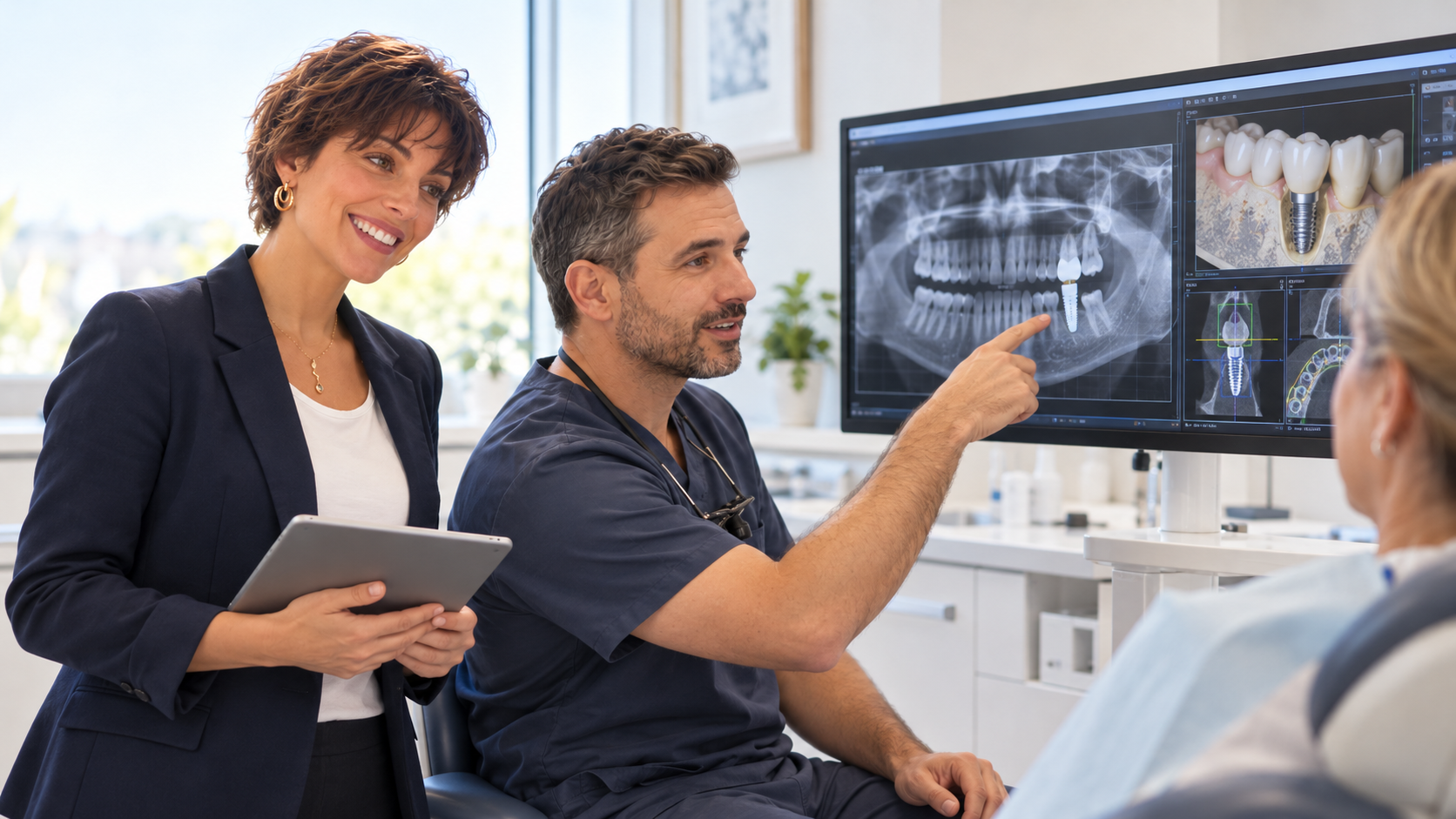 Illustrative consultation: clinical advisor, dentist and patient reviewing a panoramic X-ray and implant plan