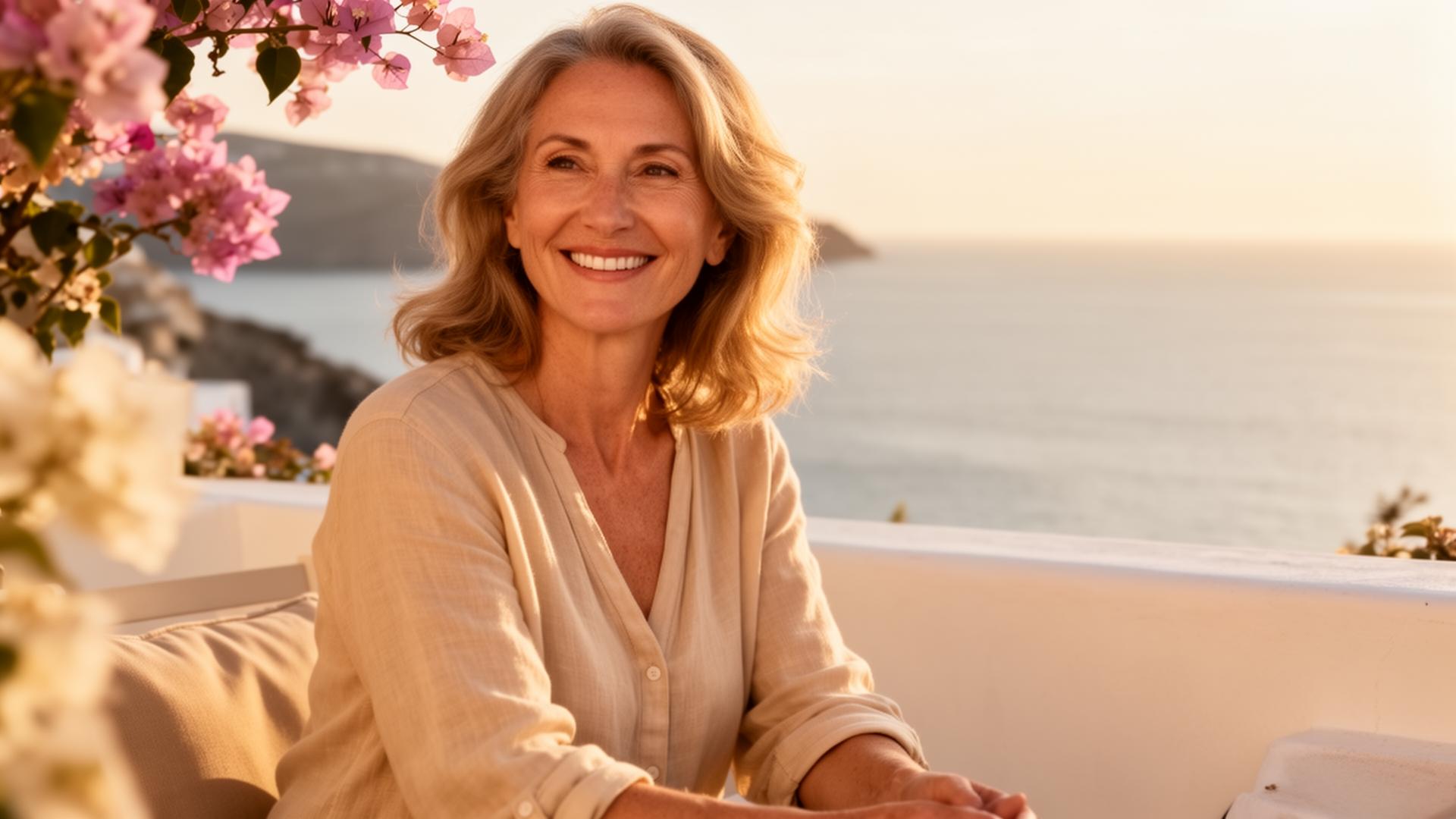 A smiling patient on a sunlit Aegean terrace in Turkey